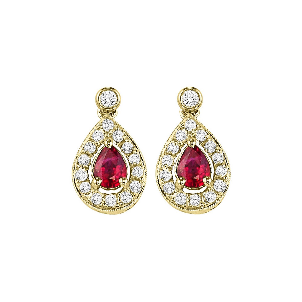 14K YG 1/6 ct. tw. Diamond Halo & 1/3 ct. tw. Pear Cut Ruby Dangle Earring