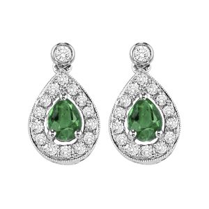 14K WG 1/6 ct. tw. Diamond Halo & 1/4 ct. tw. Pear Cut Emerald Dangle Earring