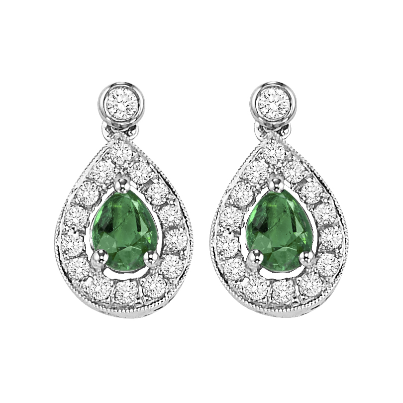 14K WG 1/6 ct. tw. Diamond Halo & 1/4 ct. tw. Pear Cut Emerald Dangle Earring