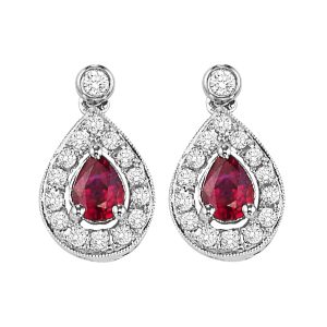 14K WG 1/6 ct. tw. Diamond Halo & 1/4 ct. tw. Pear Cut Ruby Dangle Earring