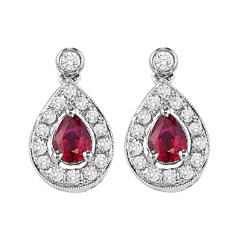 14K WG 1/6 ct. tw. Diamond Halo & 1/4 ct. tw. Pear Cut Ruby Dangle Earring