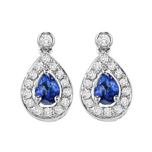 14K WG 1/6 ct. tw. Diamond Halo & 1/4 ct. tw. Pear Cut Sapphire Dangle Earring
