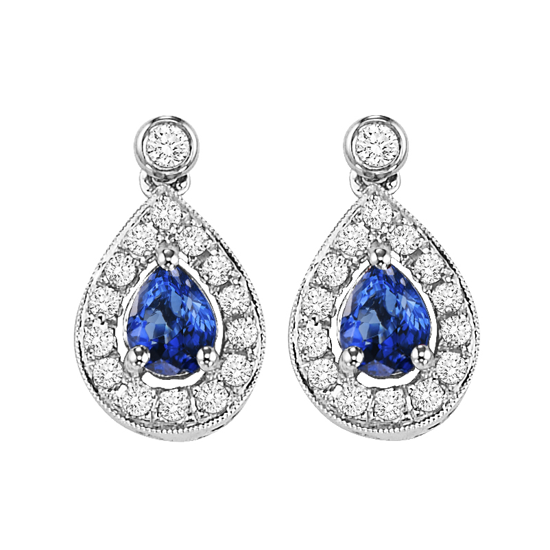 14K WG 1/6 ct. tw. Diamond Halo & 1/4 ct. tw. Pear Cut Sapphire Dangle Earring