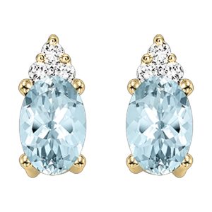 10K YG 1/25 ct. tw. Diamond & 5/8 ct. tw. Oval Cut Aquamarine Stud Earring