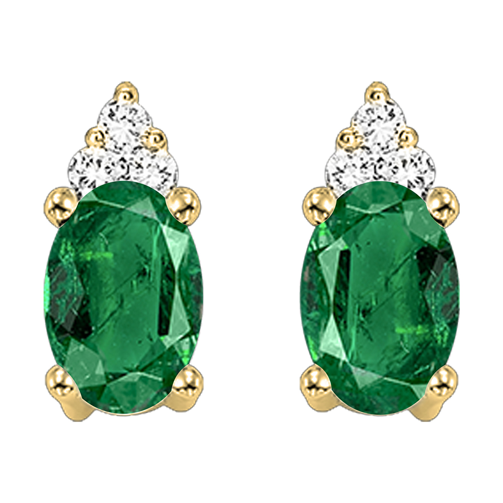 10K YG 1/25 ct. tw. Diamond & 5/8 ct. tw. Oval Cut Emerald Stud Earring