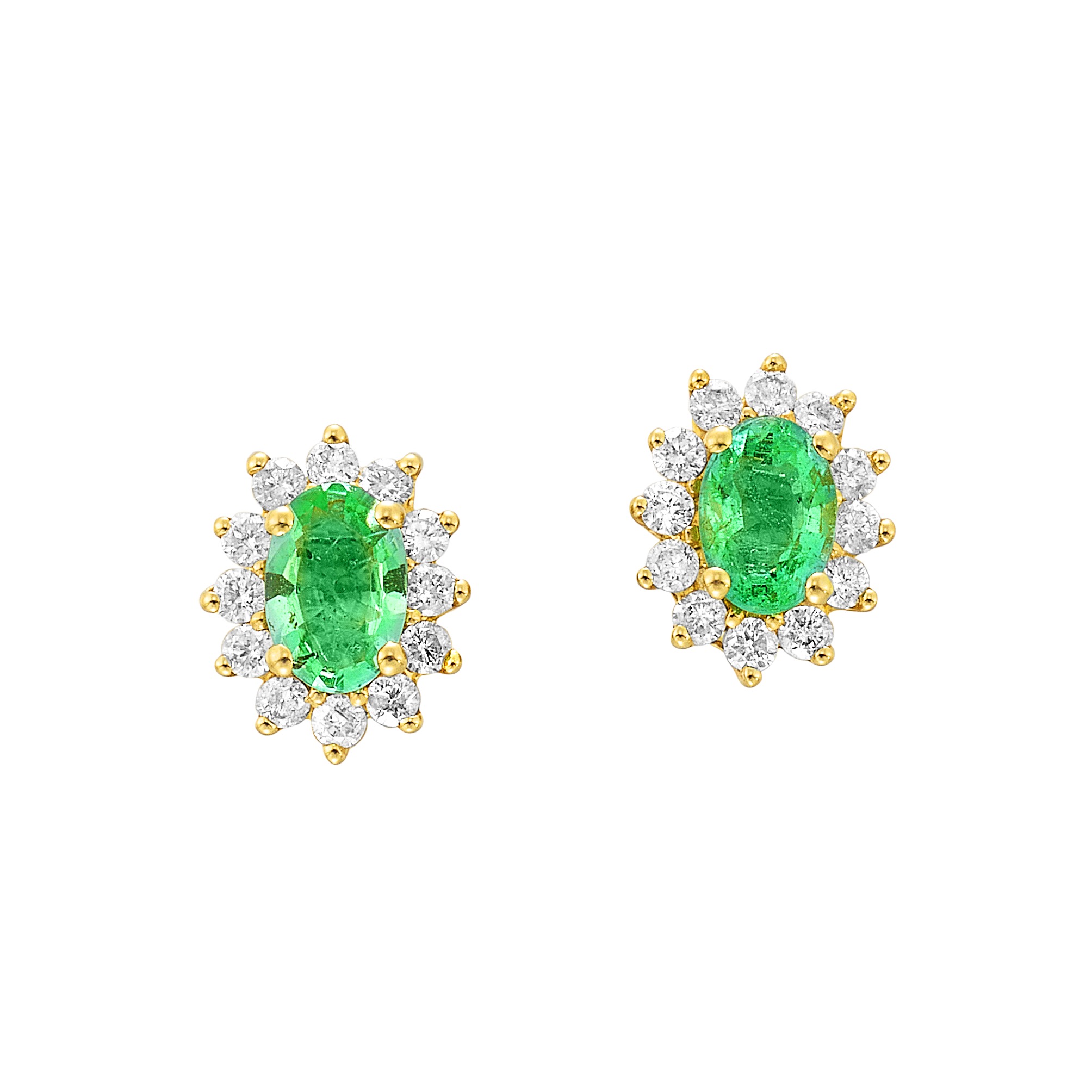 14K YG 3/8 ct. tw. Diamond Halo & 1 ct. tw. Oval Cut Emerald Stud Earring