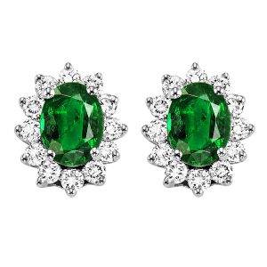 14K WG 3/8 ct. tw. Diamond Halo & 5/6 ct. tw. Oval Cut Emerald Stud Earring