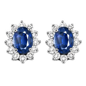 14K WG 3/8 ct. tw. Diamond Halo & 1 1/8 ct. tw. Oval Cut Sapphire Stud Earring