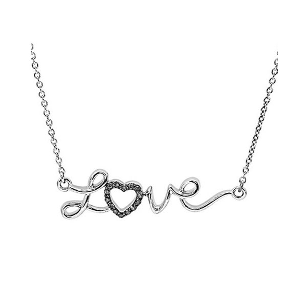 Silver 1/20 ct. tw. Black Diamond Heart Love Script Pendant Necklace