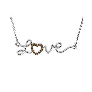 Silver 1/20 ct. tw. Brown Diamond Heart Love Script Pendant Necklace