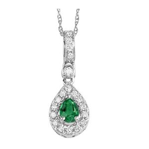 14K WG 1/10 ct. tw. Diamond Halo & 1/5 ct. tw. Pear Cut Emerald Pendant