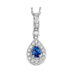 14K WG 1/10 ct. tw. Diamond Halo & 1/5 ct. tw. Pear Cut Sapphire Pendant