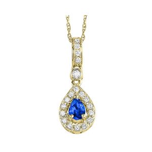 14K YG 1/10 ct. tw. Diamond Halo & 1/5 ct. tw. Pear Cut Sapphire Pendant