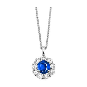 14K WG 1/2 ct. tw. Diamond Halo & 1/10 ct. tw. Sapphire Pendant