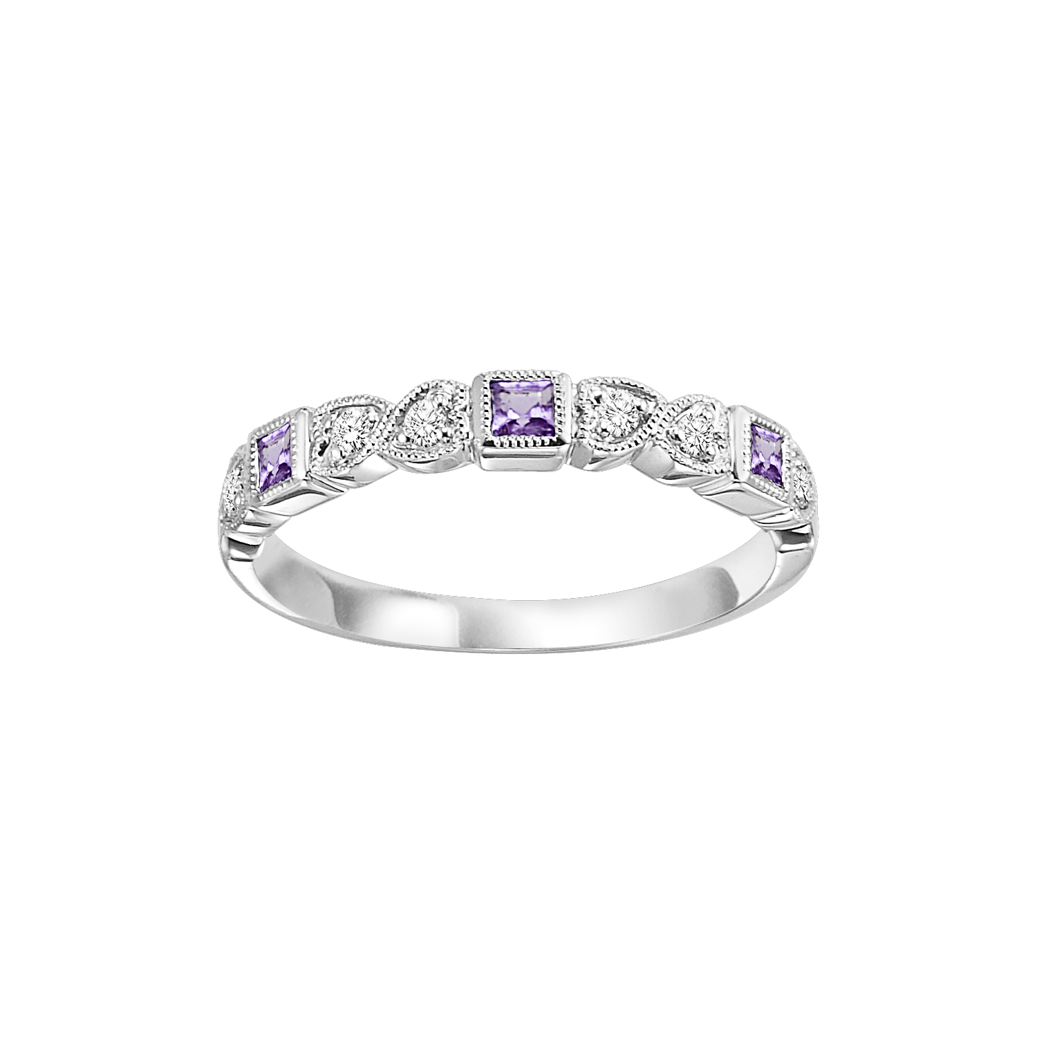10K WG 1/12 ct. tw. Diamond & 1/7 ct. tw. Amethyst Alternating Stackable Ring