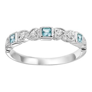 10K WG 1/10 ct. tw. Diamond & 1/7 ct. tw. Aquamarine Alternating Stackable Ring