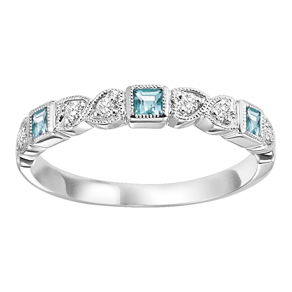 10K WG 1/10 ct. tw. Diamond & 1/7 ct. tw. Aquamarine Alternating Stackable Ring