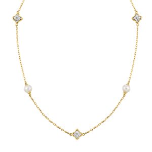 14K YG 1/6 ct. tw. Diamond & Pearl Floral Station Necklace
