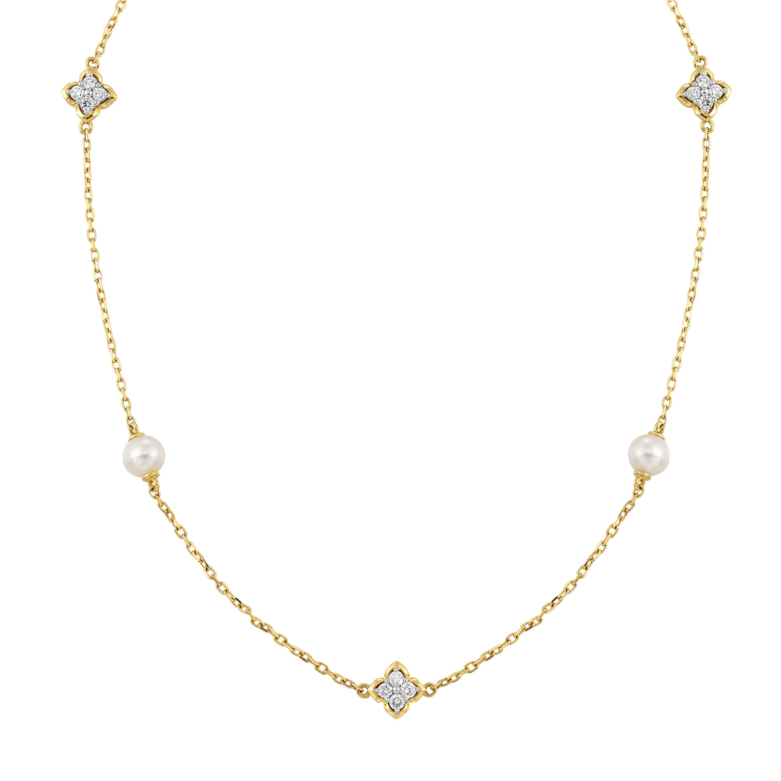 14K YG 1/6 ct. tw. Diamond & Pearl Floral Station Necklace