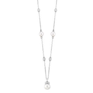 14K WG 1/4 ct. tw. Diamond Station Pearl Necklace