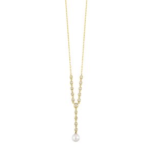 14K YG 1/3 ct. tw. Bezel set Diamond & Pearl Lariat Necklace