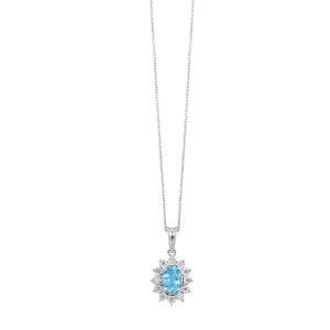 Silver 1/20 ct. tw. Diamond Halo & 1 ct. tw. Oval Blue Topaz Halo Pendant