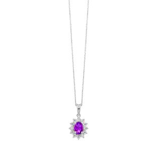 Silver 1/20 ct. tw. Diamond Halo & 1 ct. tw. Oval Amethyst Pendant