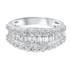 14K WG 1 ct. tw. Diamond Three Row Round and Baguette Ring