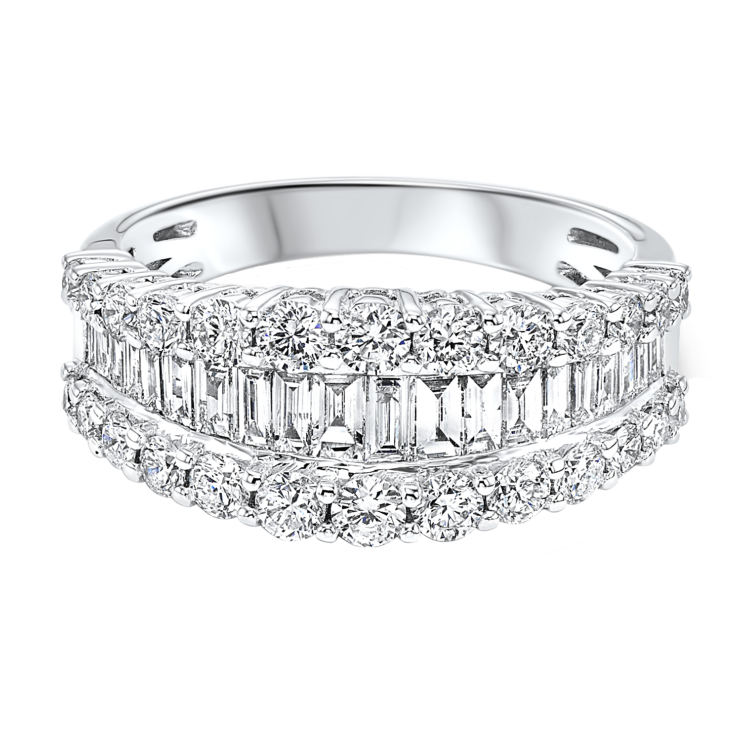 14K WG 1 ct. tw. Diamond Three Row Round and Baguette Ring