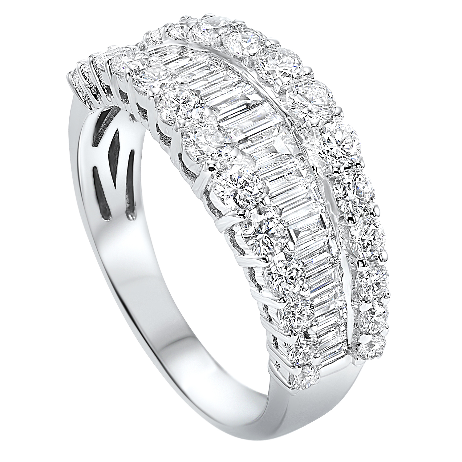 14K WG 1 1/2 ct. tw. Diamond Three Row Round and Baguette Ring