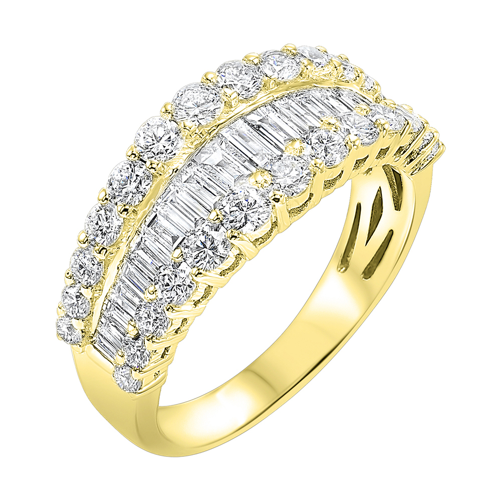 14K YG 1 1/2 ct. tw. Diamond Three Row Round and Baguette Ring