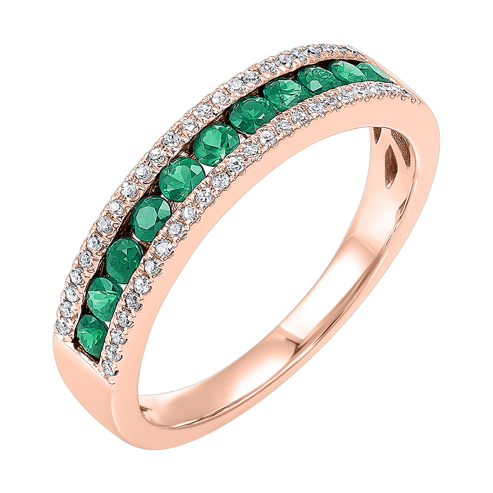 14K RG 1/8 ct. tw. Diamond & 1/2 ct. tw. Emerald Three row Band