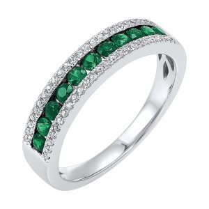 14K WG 1/8 ct. tw. Diamond & 1/2 ct. tw. Emerald Three Row Band