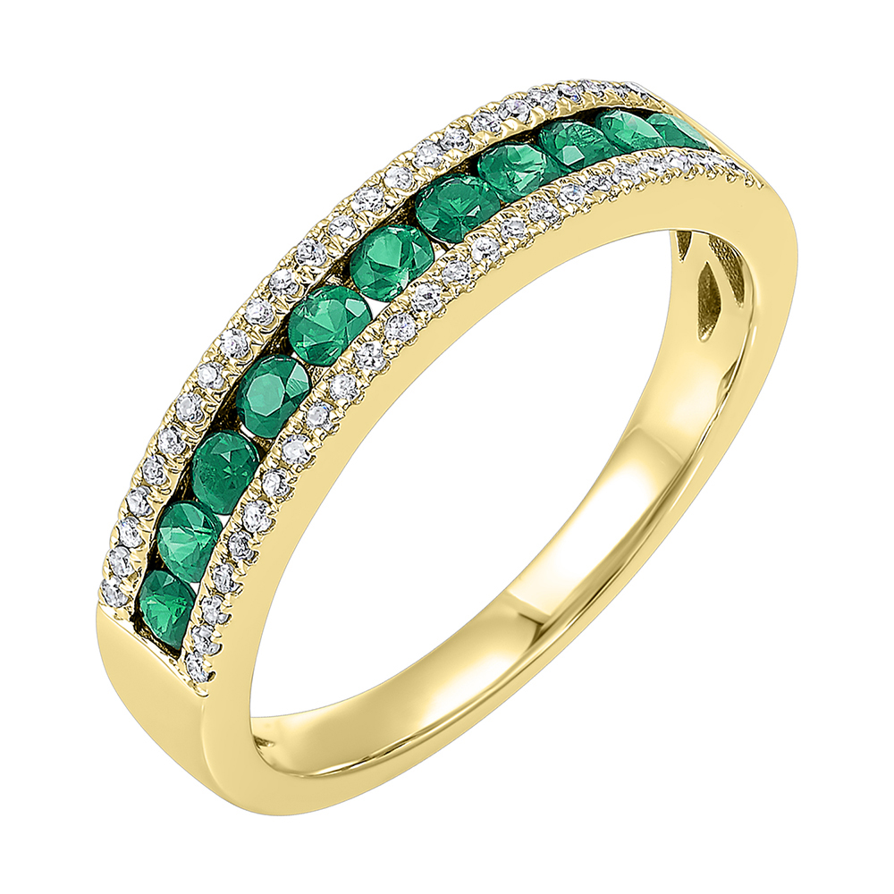 14K YG 1/8 ct. tw. Diamond & 1/2 ct. tw. Emerald Three Row Band
