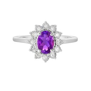 Silver 1/20 ct. tw. Diamond Halo & 1 ct. tw. Oval Amethyst Ring