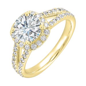 14K YG 1/2 ct. tw. Diamond Halo Engagement Ring. Semi Mount for 1 ct. tw. Round Center.
