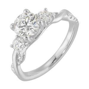 14K WG 1/2 ct. tw. Diamond Three Stone Engagement Ring. Semi Mount for 1 ct. tw. Round Center.