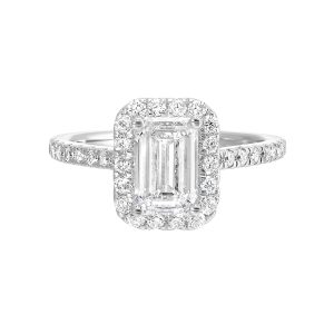 14K WG 3/8 ct. tw. Diamond Halo Engagement Ring. Semi Mount for 1 ct. tw. Emerald Cut Center.