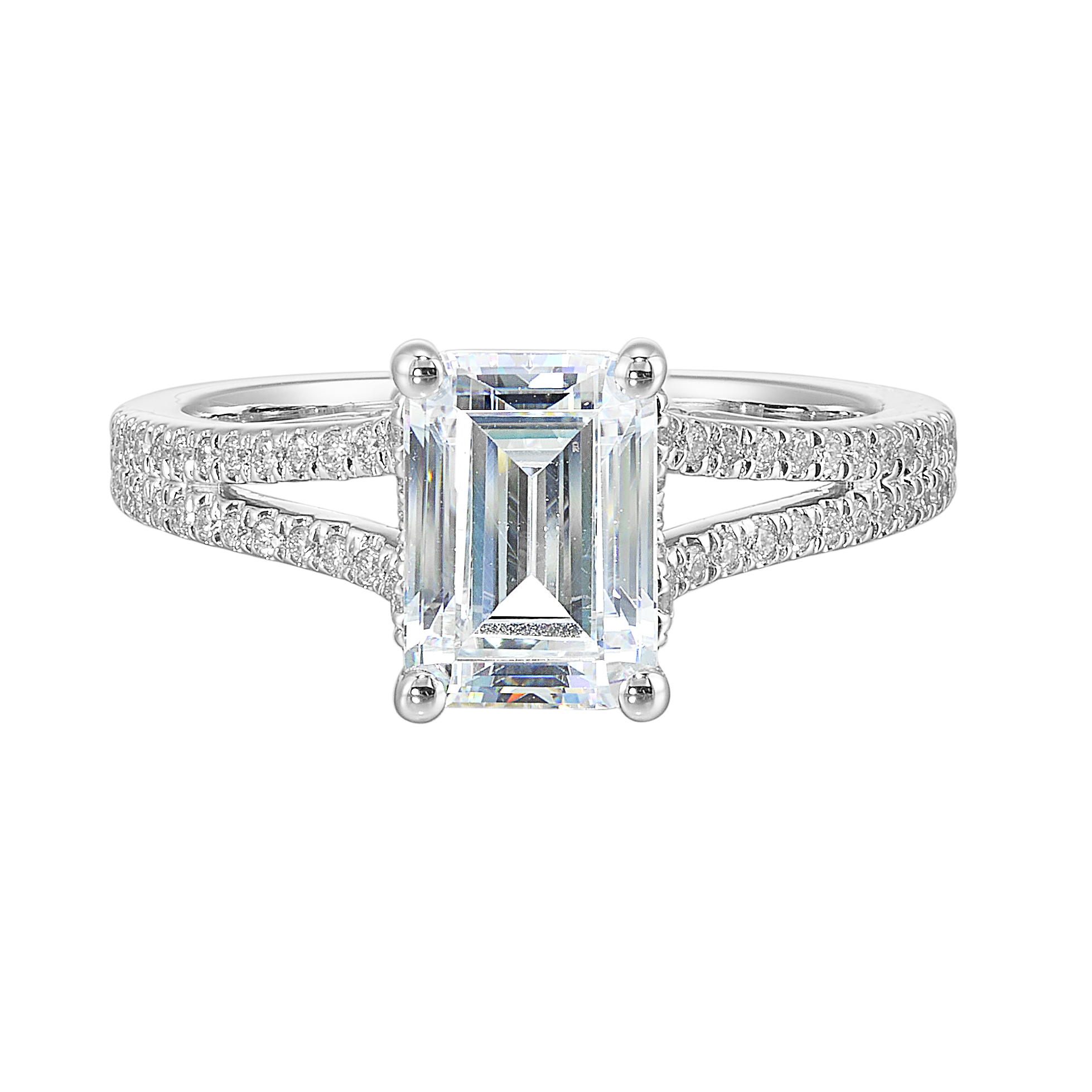 14K WG 1/3 ct. tw. Diamond Hidden Halo Engagement Ring. Semi Mount for 2 ct. tw. Emerald Cut Center.