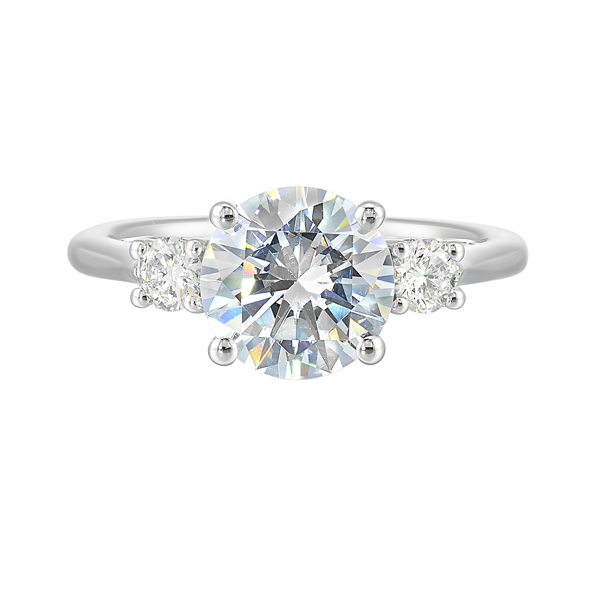 14K WG 1/2 ct. tw. Diamond Three Stone Hidden Halo Engagement Ring. Semi Mount for 2 ct. tw. Round Center.