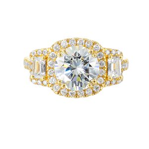 14K YG 1 1/6 ct. tw. Diamond Three Stone Halo Engagement Ring. Semi Mount for 2 ct. tw. Round Center.