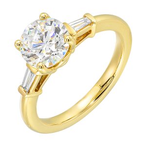 14K YG 1/8 ct. tw. Diamond Three Stone Engagement Ring. Semi Mount for 2 ct. tw. Round Cut Center.