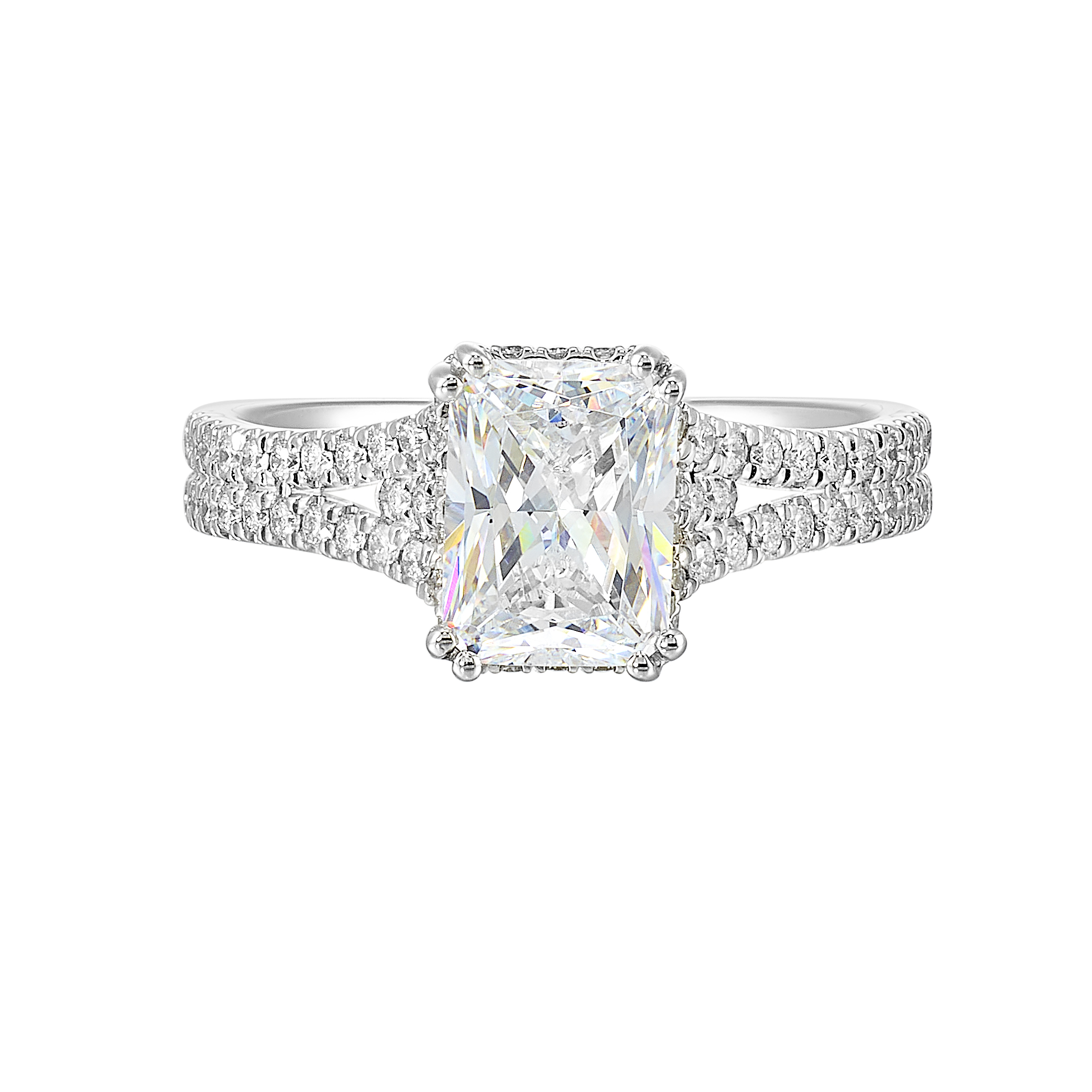 14K WG 3/8 ct. tw. Diamond Hidden Halo Engagement Ring. Semi Mount for 2 ct. tw. Emerald Cut Center.