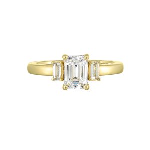 14K YG 1/5 ct. tw. Diamond Three Stone Engagement Ring. Semi Mount for 1 1/2 ct. tw. Emerald Cut Center.