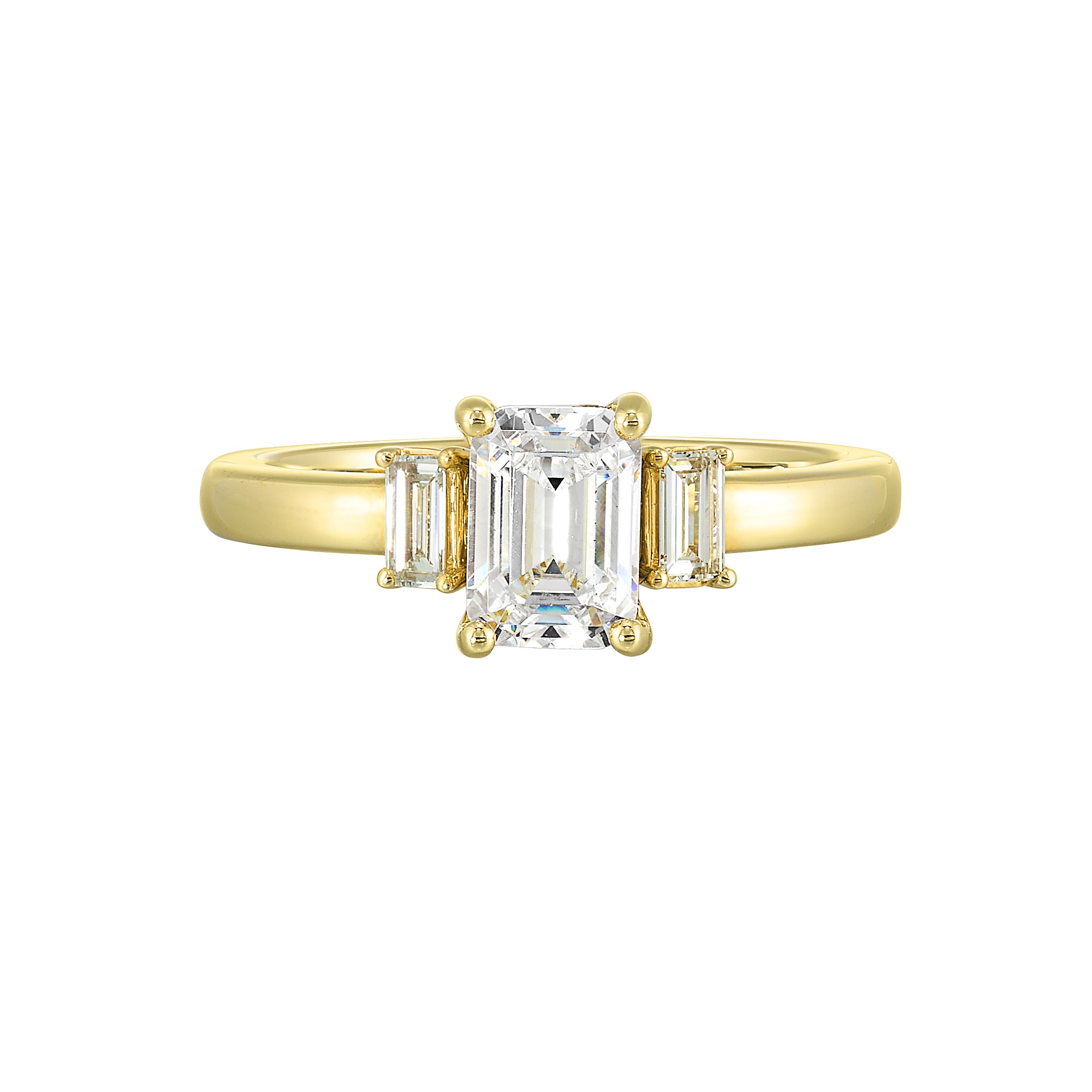 14K YG 1/5 ct. tw. Diamond Three Stone Engagement Ring. Semi Mount for 1 1/2 ct. tw. Emerald Cut Center.