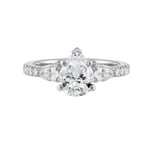 14K WG 1/2 ct. tw. Diamond Three Stone Engagement Ring. Semi Mount for 2 ct. tw. Pear Center.