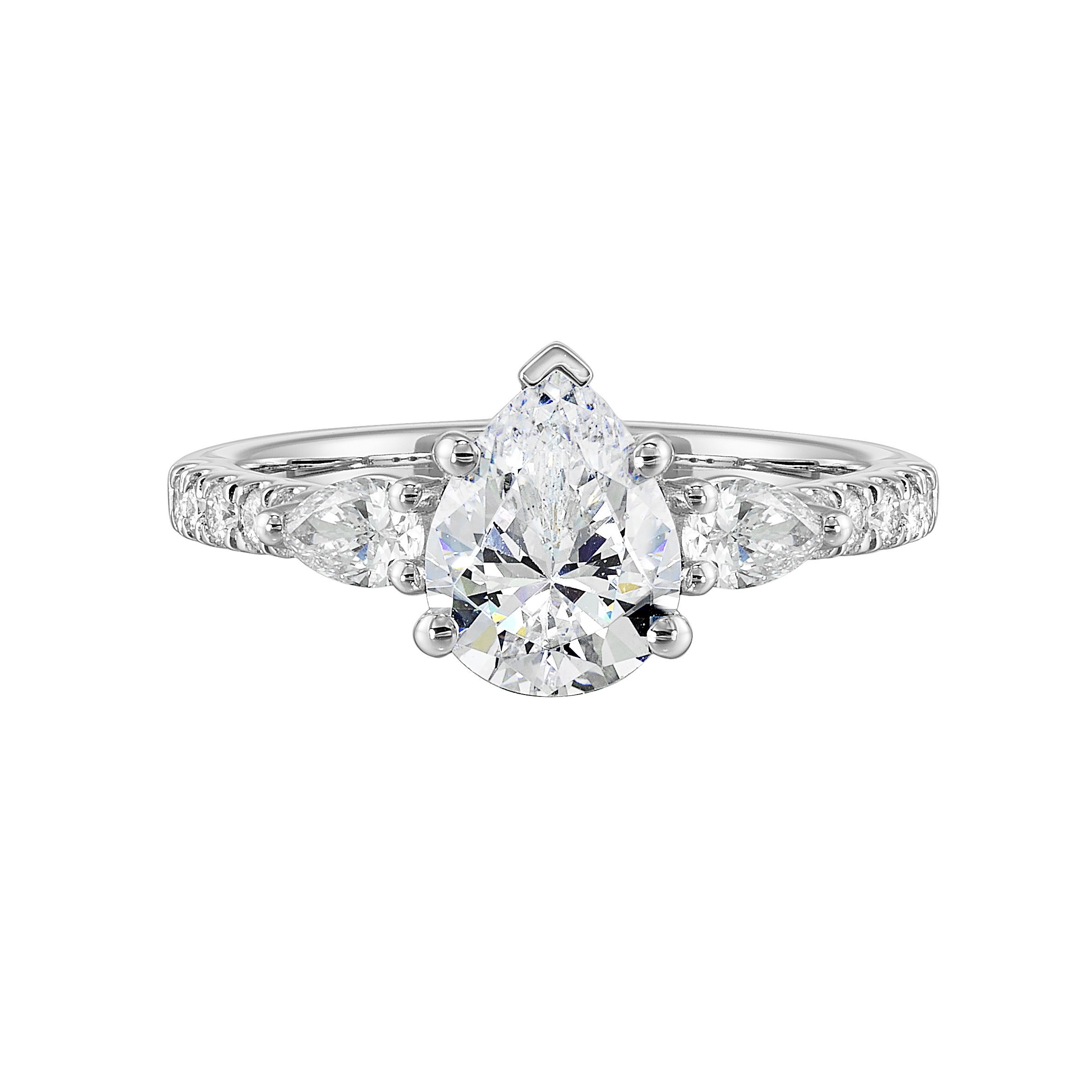 14K WG 1/2 ct. tw. Diamond Three Stone Engagement Ring. Semi Mount for 2 ct. tw. Pear Center.
