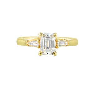 14K YG 1/3 ct. tw. Diamond Hidden Halo Three Stone Engagement Ring. Semi Mount for 1 1/2 ct. tw. Emerald Cut Center.
