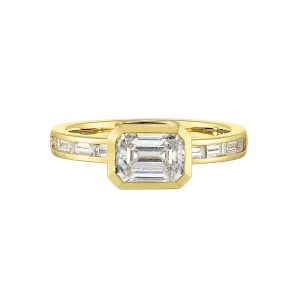 14K YG 1/2 ct. tw. Diamond Bezel Set Hidden Halo Engagement Ring. Semi Mount for 2 ct. tw. Emerald Cut Center.