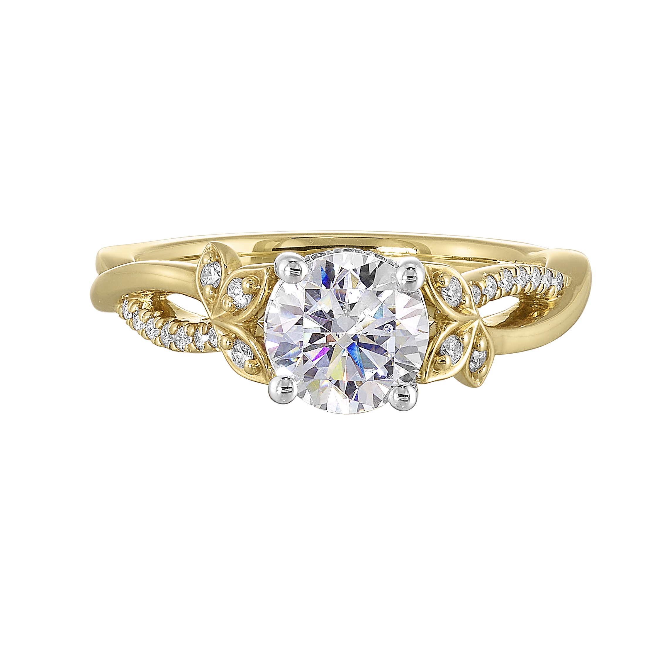14K WYG 1/8 ct. tw. Diamond Nature Inspired Engagement Ring. Semi Mount for 1 ct. tw. Round Center.